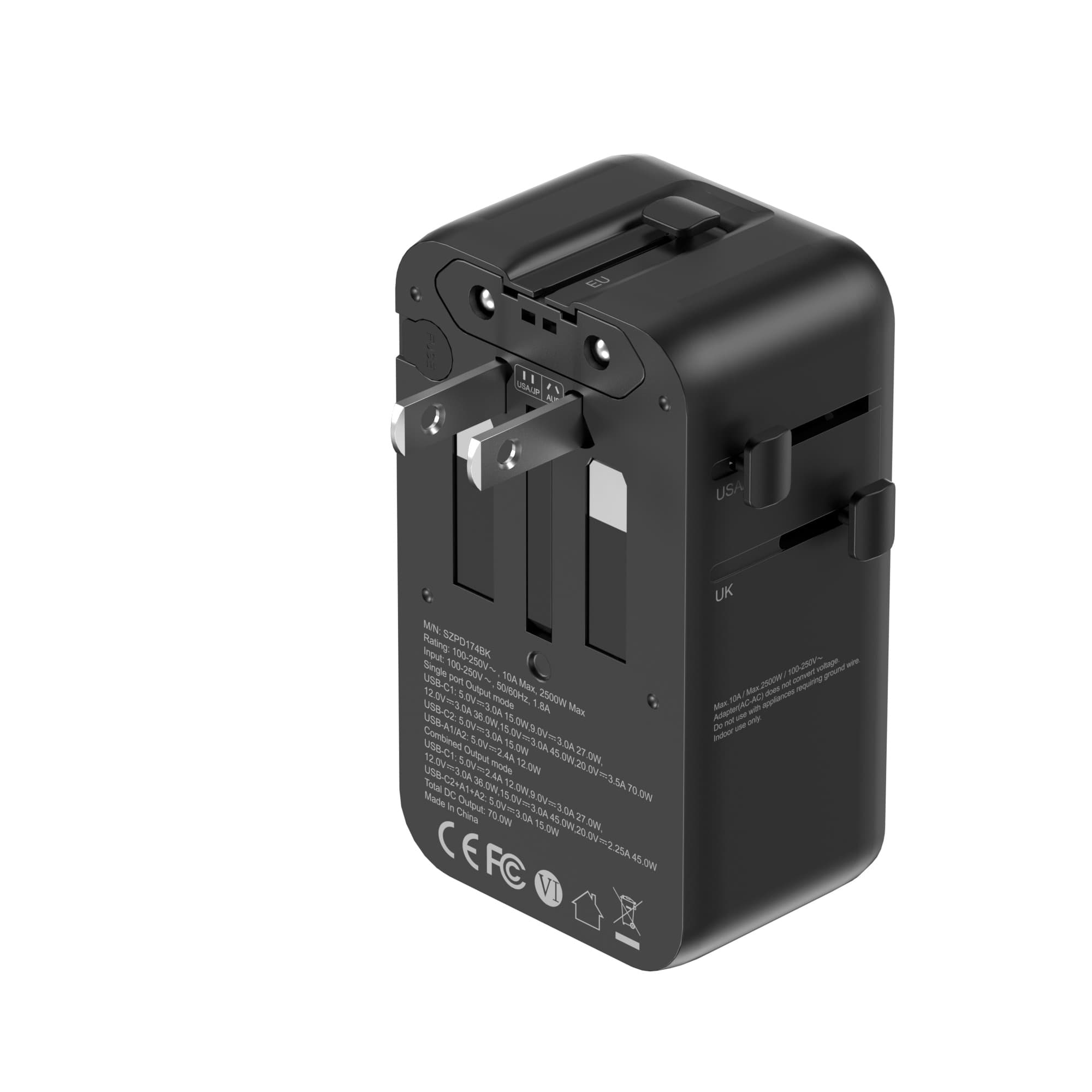 SKYZER PD174BK | 70W GaN III Ultra-Slim Travel Adapter with 4 USB Ports & Dual AC Sockets