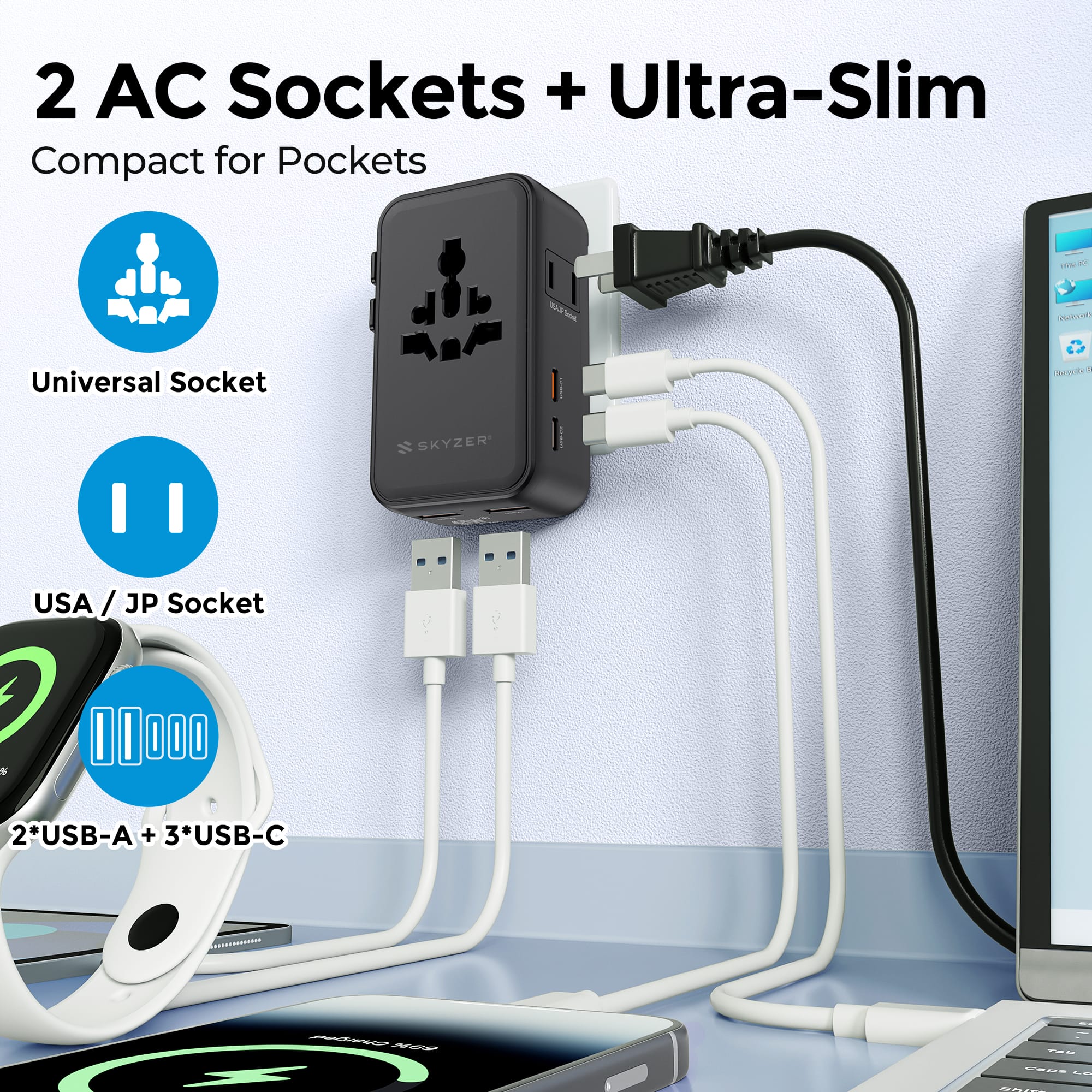 SKYZER PD174BK | 70W GaN III Ultra-Slim Travel Adapter with 4 USB Ports & Dual AC Sockets
