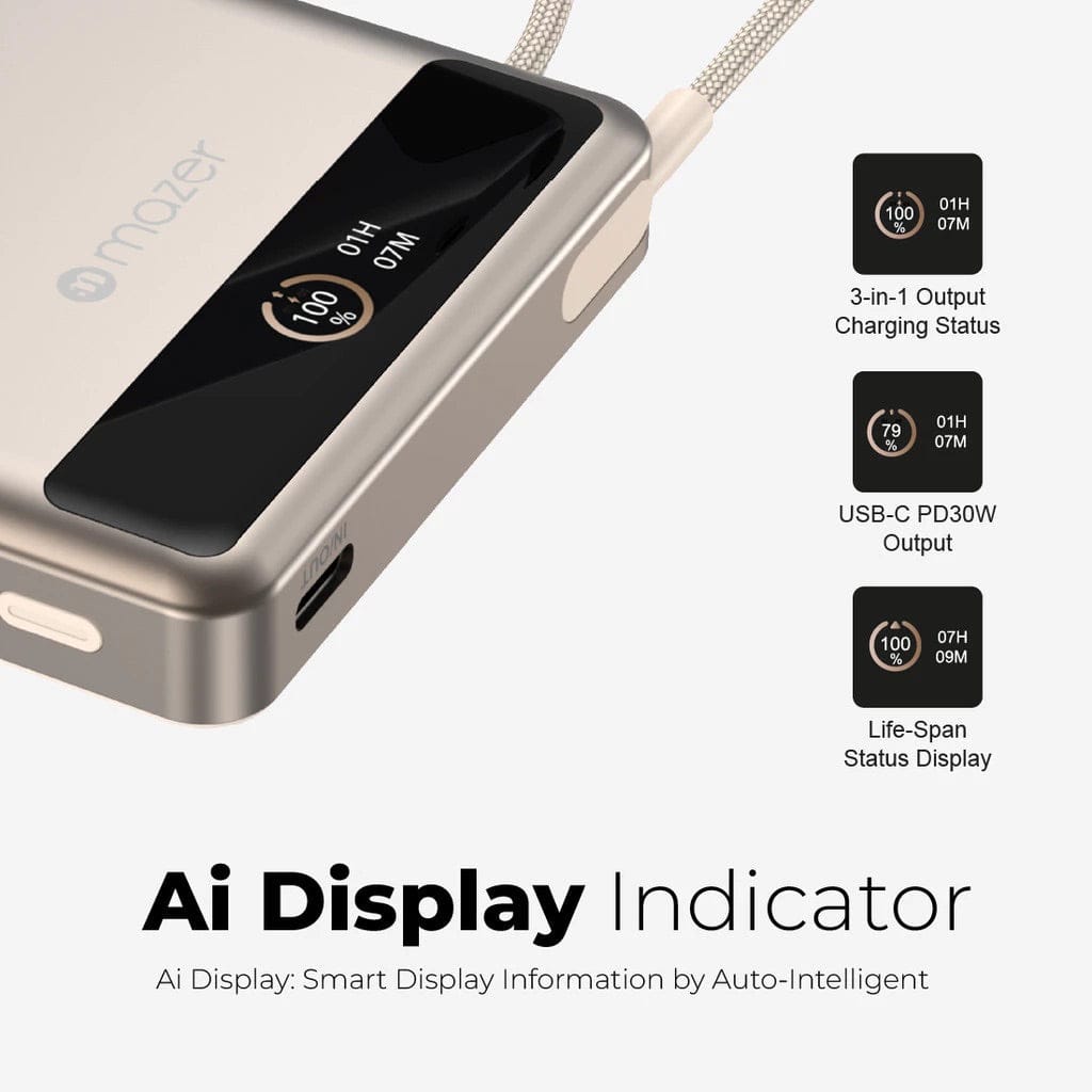 Mazer MagLink70 10,000 mAh Qi2 Certified 15W PD30W Magnetic Wireless Power Bank with Built in USB-C Cable (CCC Certified)