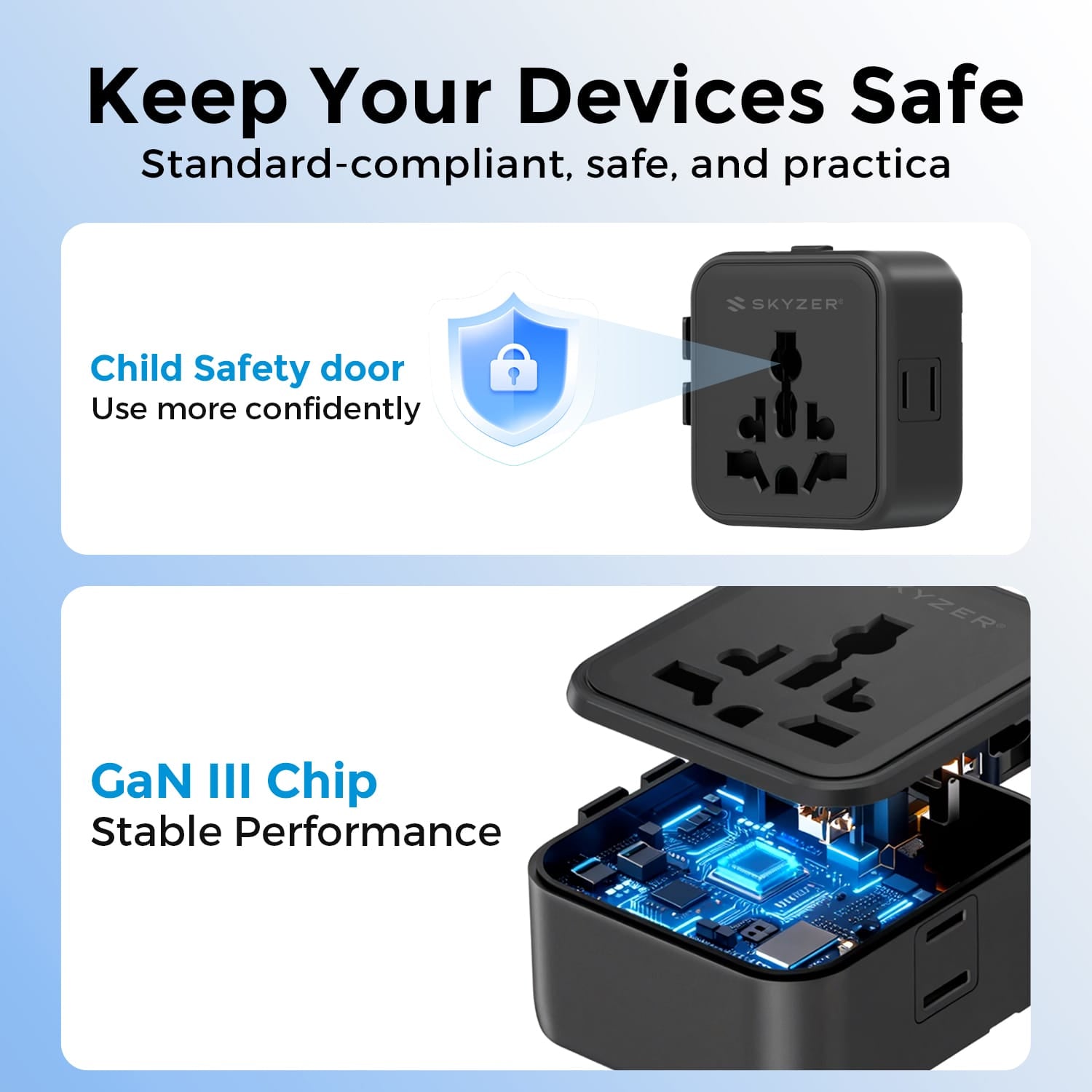 SKYZER PD151BK | Ultra-Slim Multi-Nation Travel Adapter with Dual AC Sockets