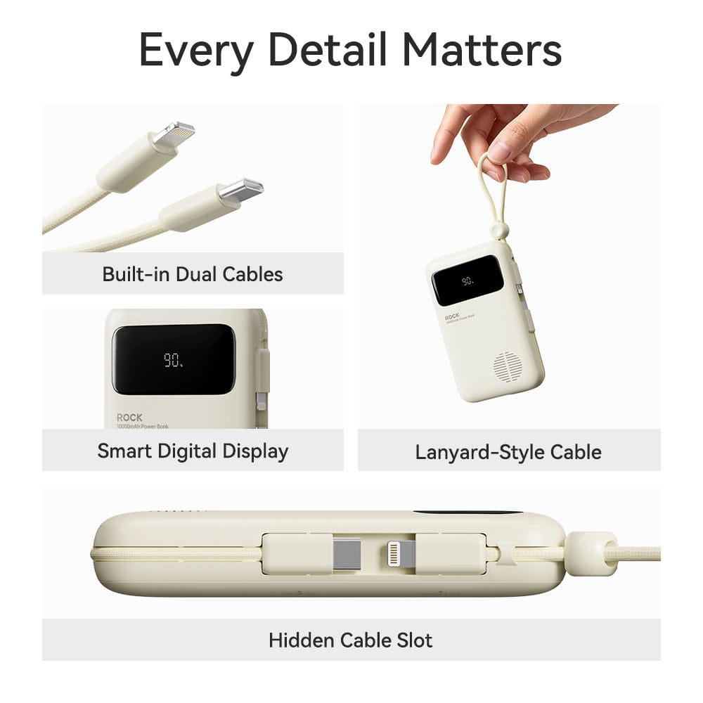 ROCK P72 PD 22.5W Fast Charging Power Bank with Built-in Cables (10000mAh)