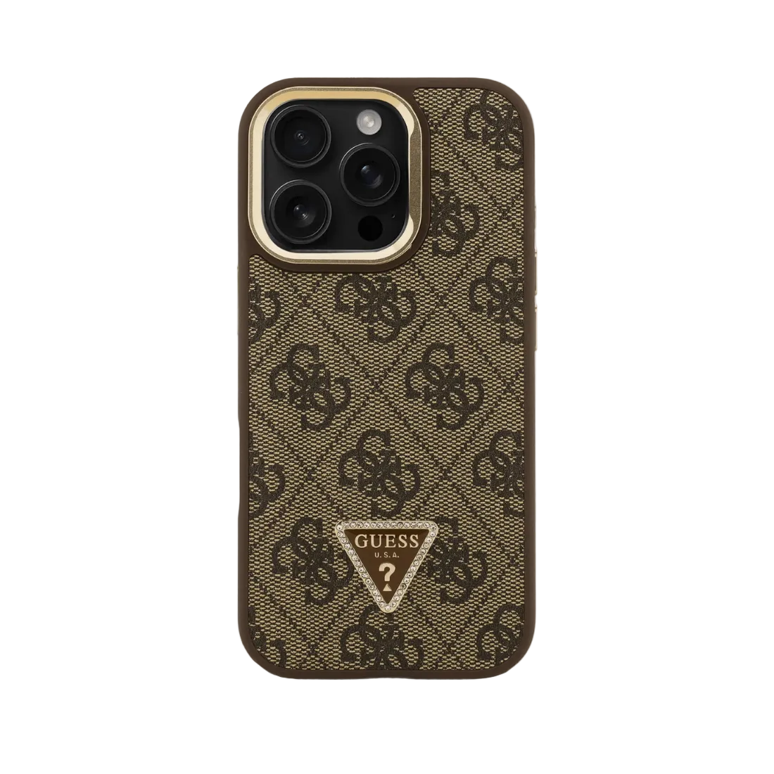 Guess PU 4G Strass Triangle Logo Stand Camera Frame MagSafe Case for iPhone 16 Pro