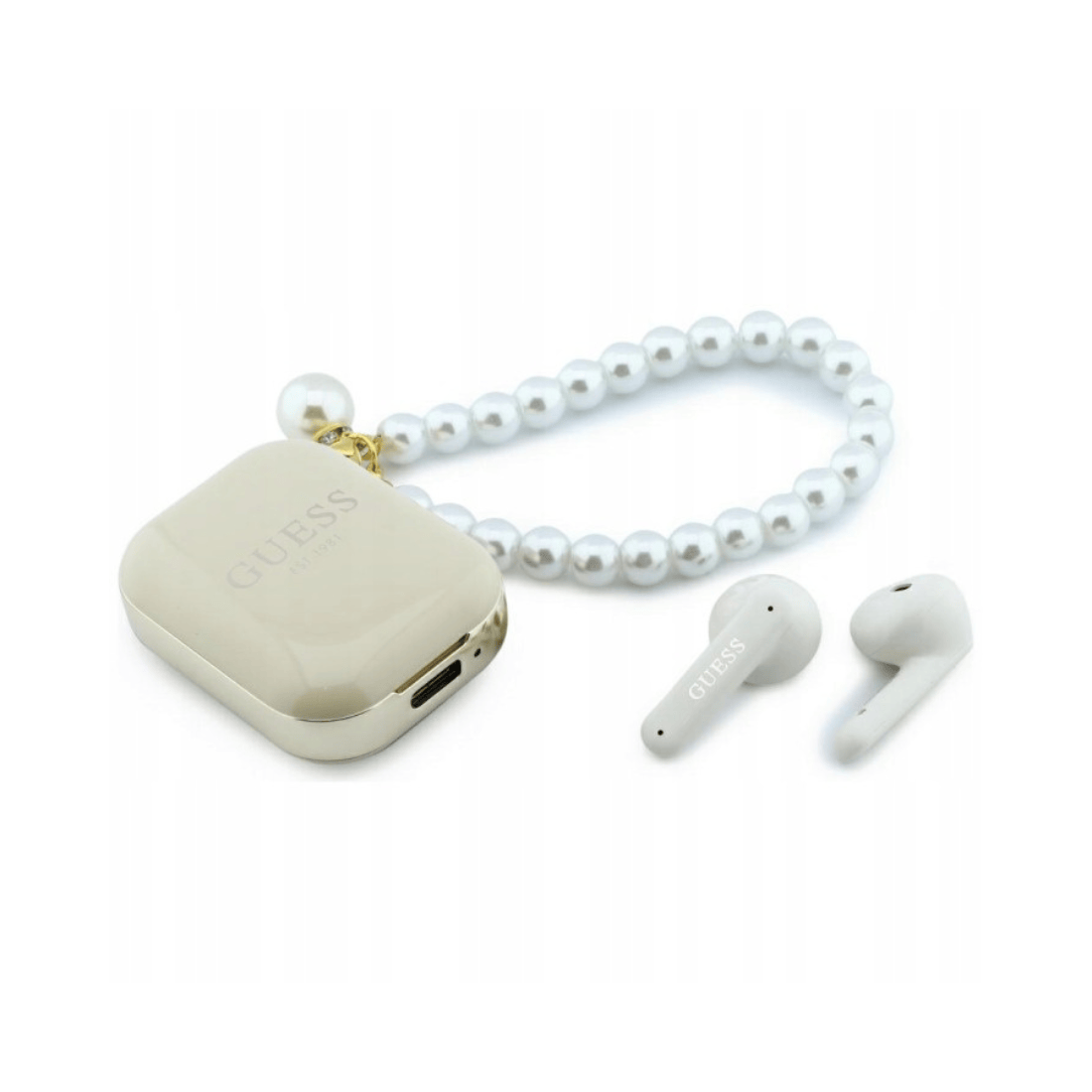 Guess True Wireless Earbuds Rectangle Printed Logo Case With Pearl Strap