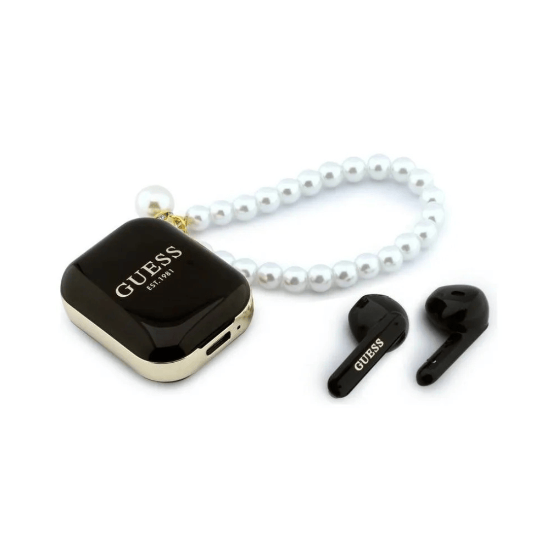 Guess True Wireless Earbuds Rectangle Printed Logo Case With Pearl Strap