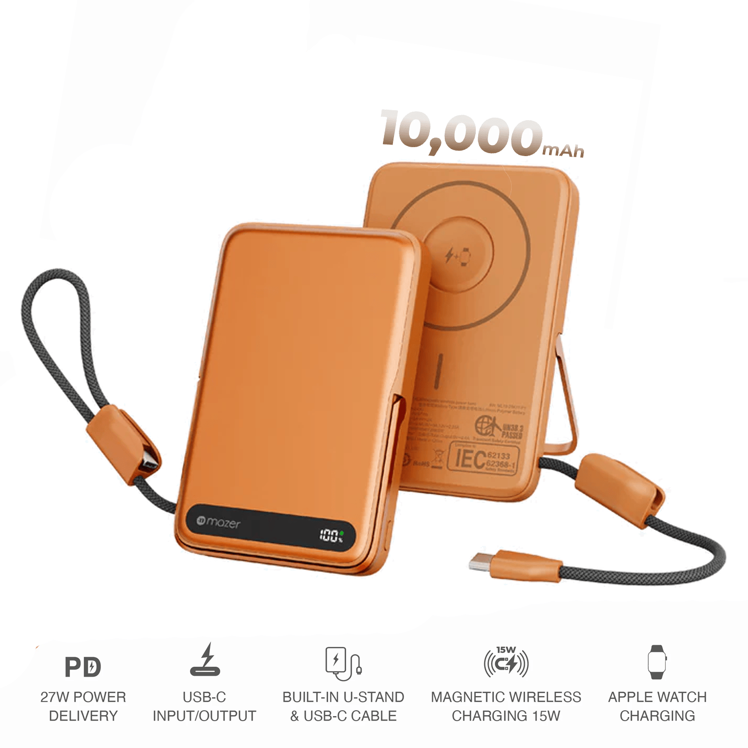 Mazer MagLink19 10,000mAh 15W PD27W Magnetic Wireless Charging Power Bank With Built-in USB-C Cable (CCC Certified)