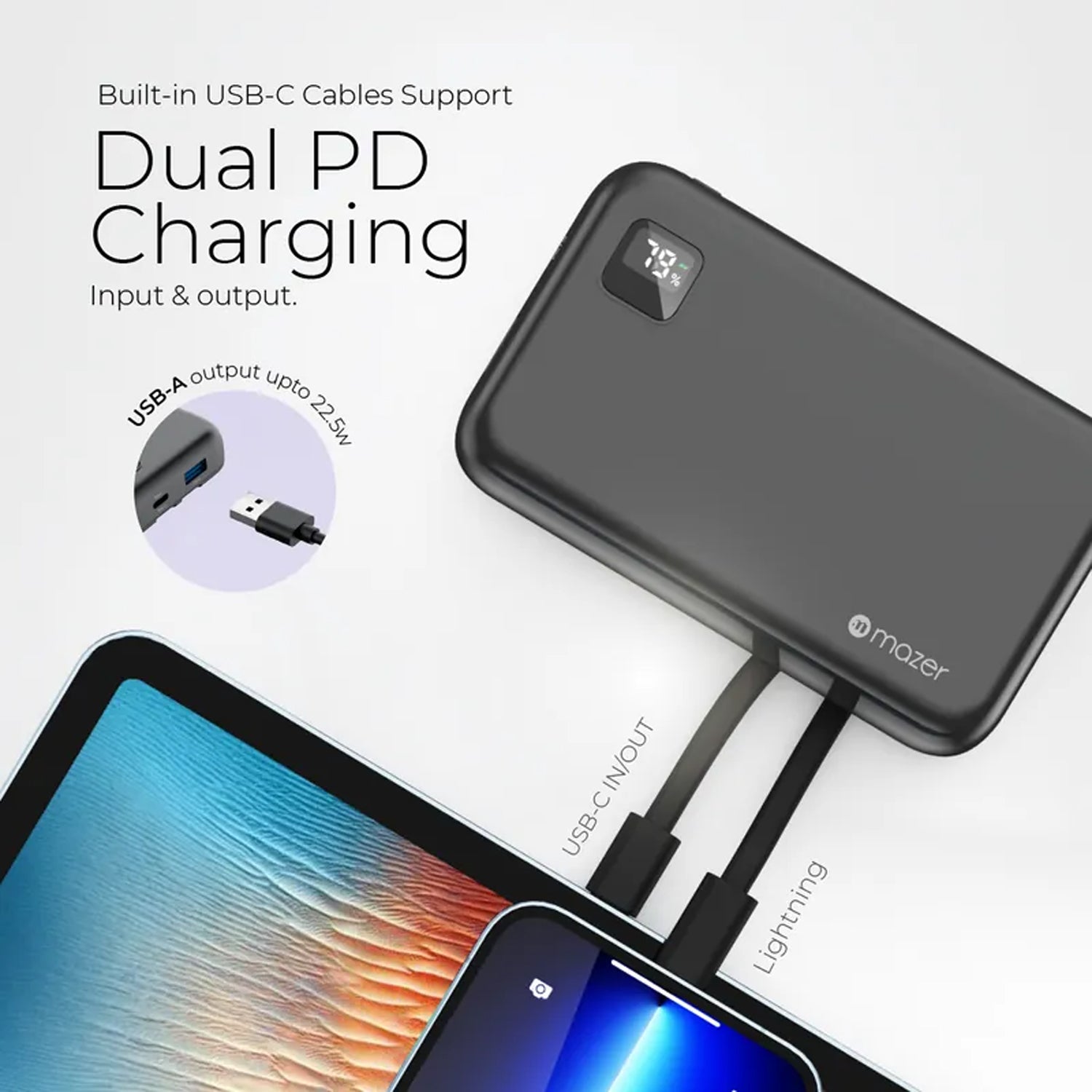 Mazer PowerCharge Link-Pocket Apple Certified MFI 10,000mAh PowerBank with Build-In Lightning & USB-C Cables