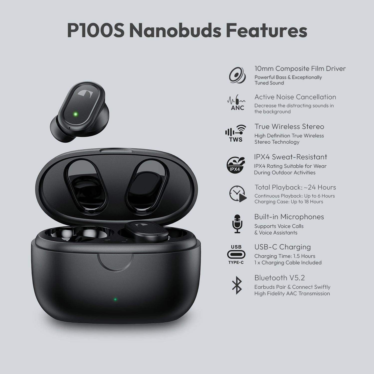 Nakamichi P100S Nanobuds ANC Wireless Earbuds