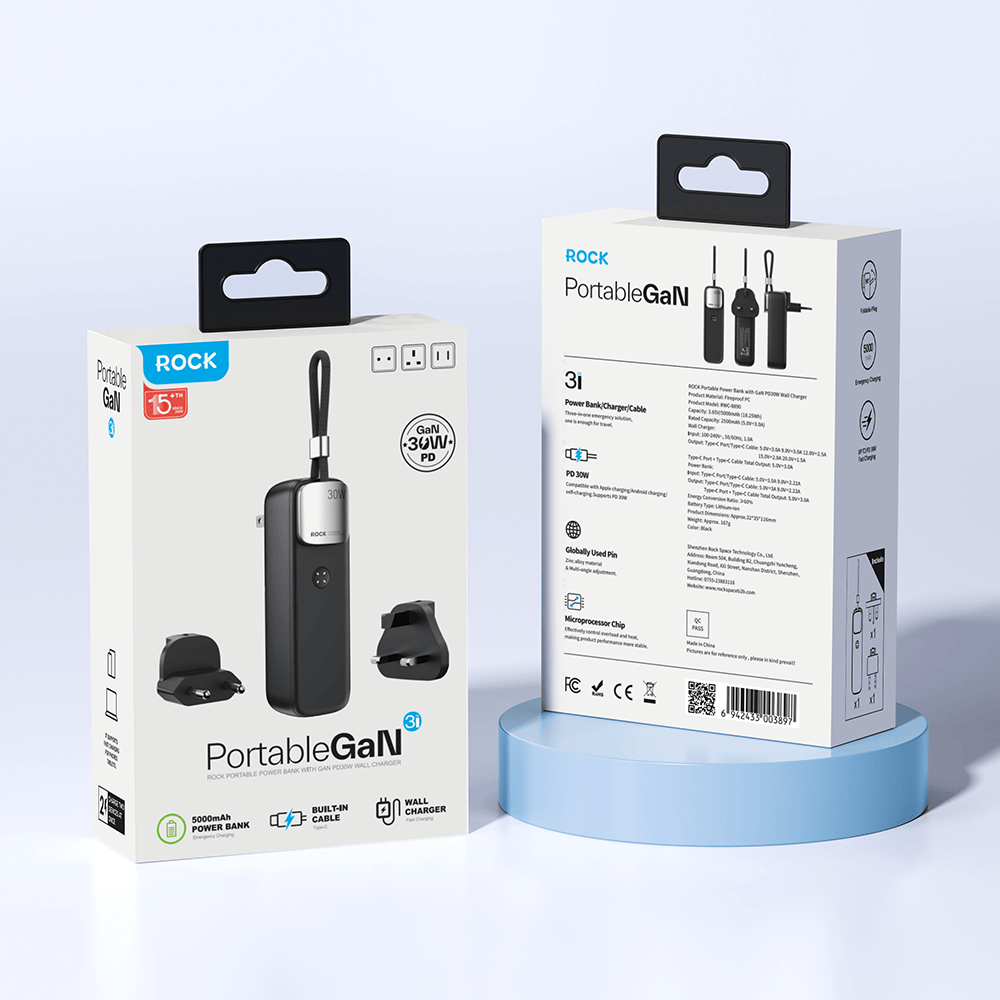 ROCK Portable 5,000 mAh Power Bank with GaN PD30W Wall Charger
