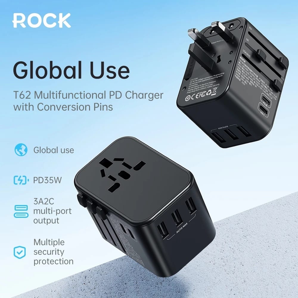 ROCK T62 Multifunctional World Travel Adapter PD 35W Fast Charger