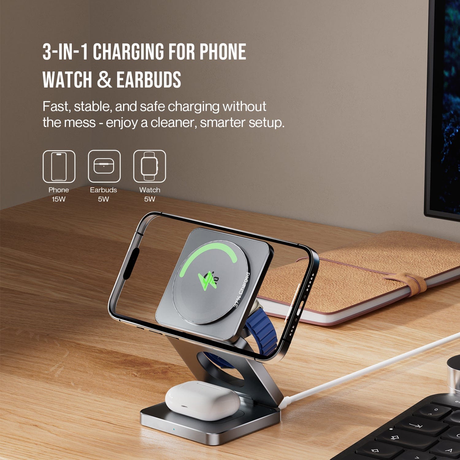 Skyzer CC617 Mag Charge Qi2 3-In-1 Foldable Wireless Charger