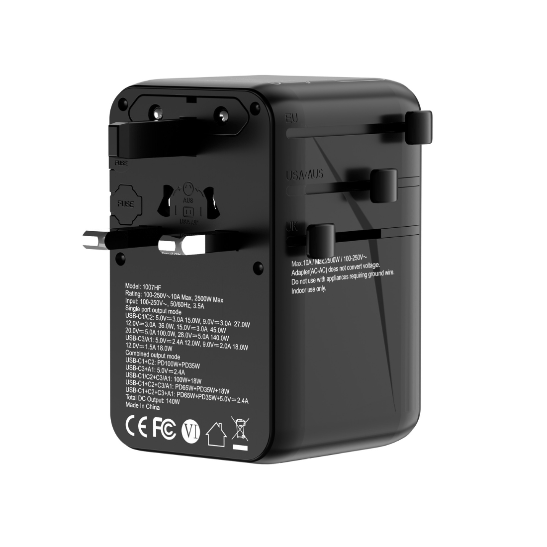 SKYZER PD175BK | 140W GaN Fast-Charging Travel Adapter with 3 USB-C, USB-A & Dual AC Sockets