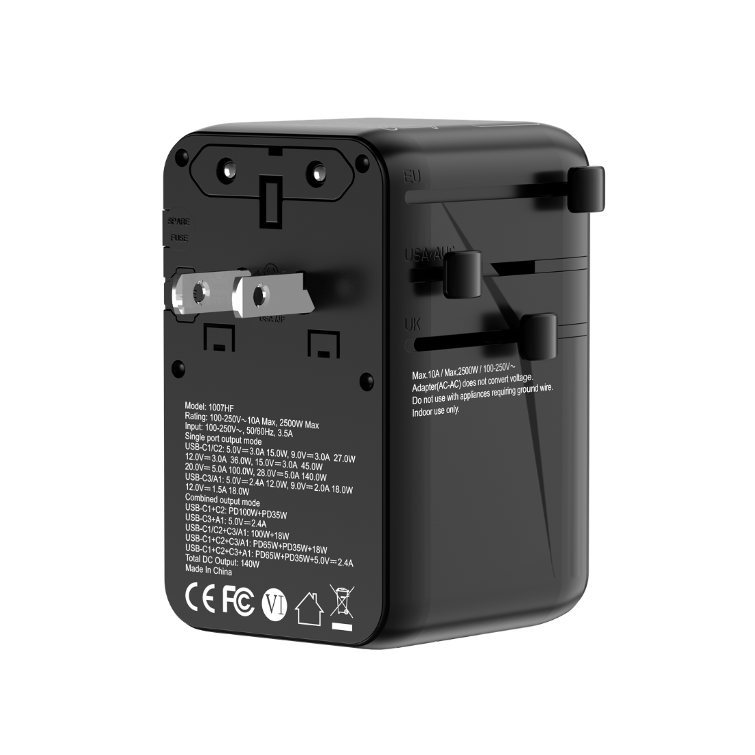 SKYZER PD175BK | 140W GaN Fast-Charging Travel Adapter with 3 USB-C, USB-A & Dual AC Sockets