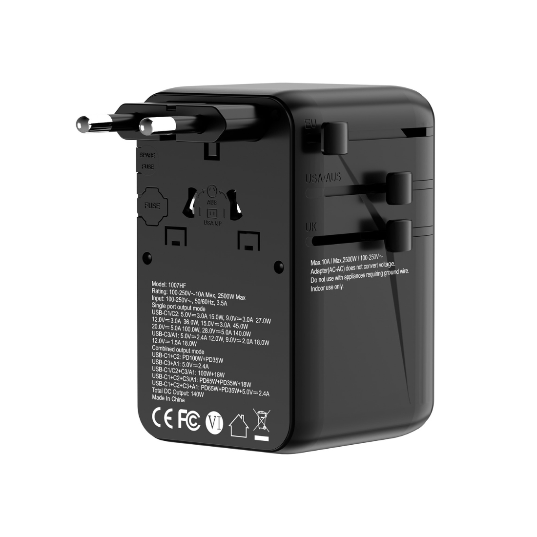 SKYZER PD175BK | 140W GaN Fast-Charging Travel Adapter with 3 USB-C, USB-A & Dual AC Sockets