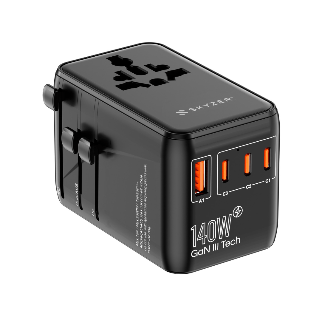 SKYZER PD175BK | 140W GaN Fast-Charging Travel Adapter with 3 USB-C, USB-A & Dual AC Sockets