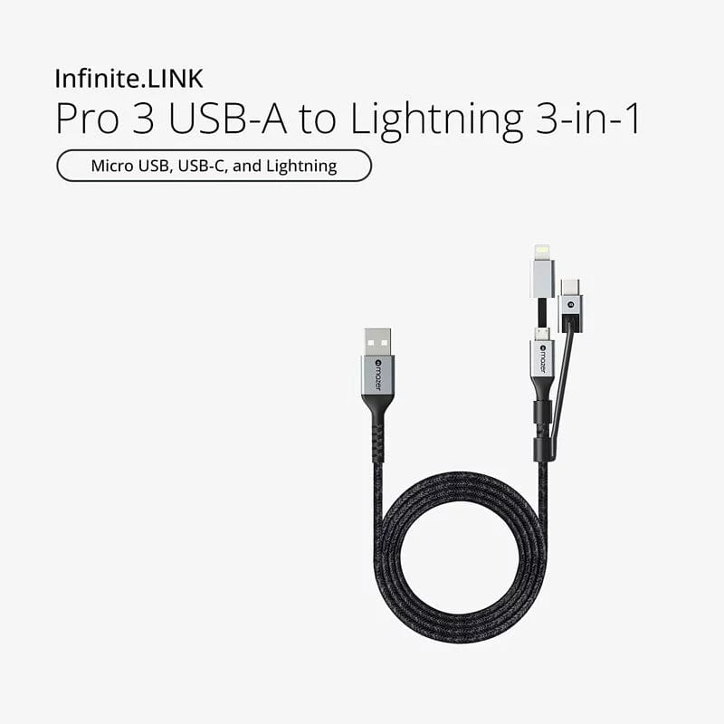 Mazer Infinite.LINK Pro 3 USB-A to Lightning 3-in-1 Cable 1m