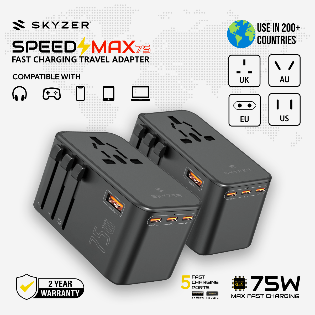 Skyzer SpeedMax 75W Fast Charging Travel Adapter