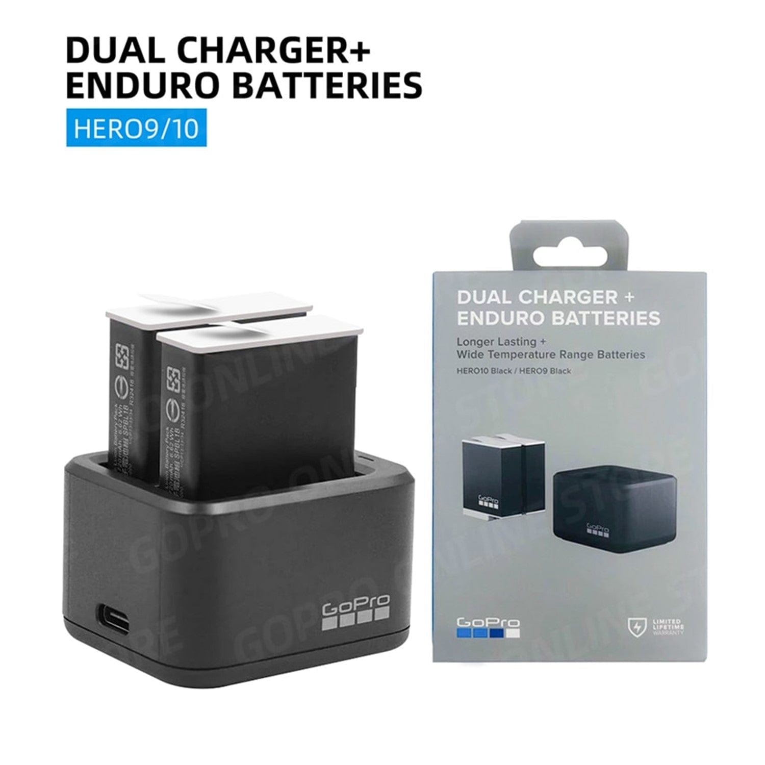 GoPro Dual Battery Charger + Enduro Batteries for Hero 12 Black / 11 B